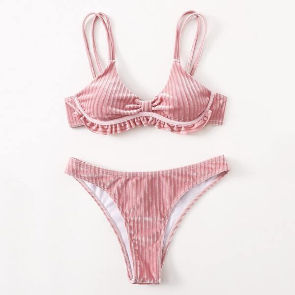 

Velvet Ruffle Hem Bikini Swimsuit, Dusty pink
