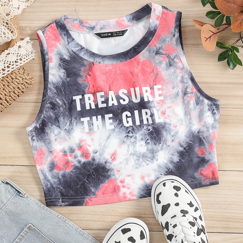 

Letter Graphic Tie Dye Tank Crop Top, Multicolor