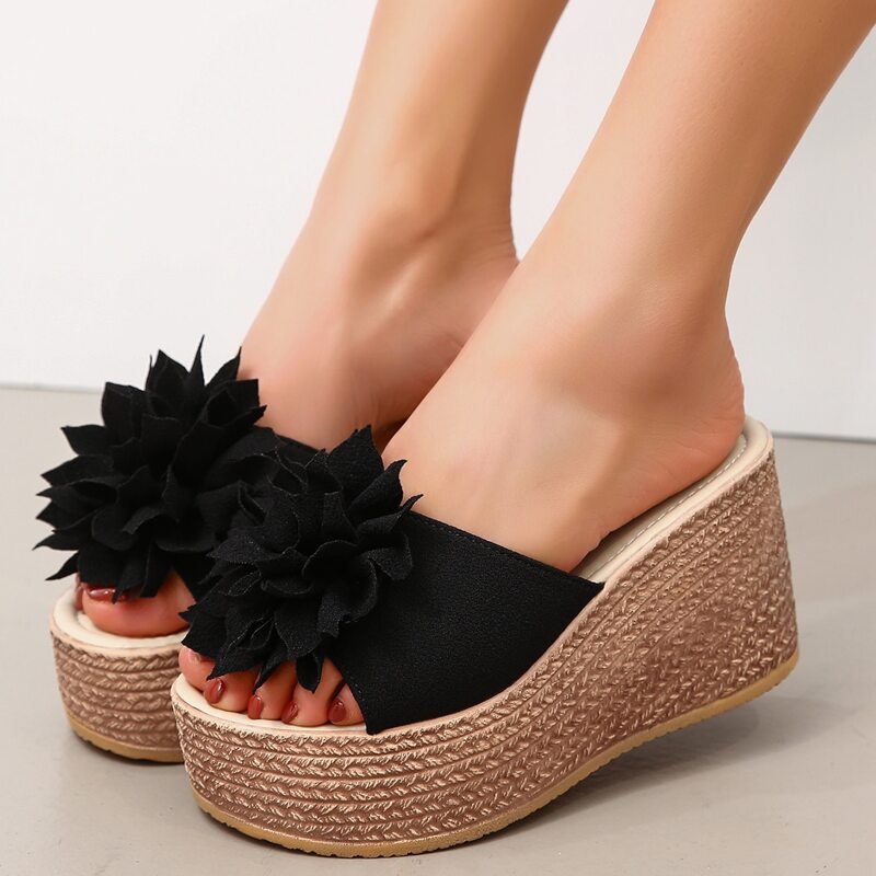 

Floral Applique Wedge Mules, Black