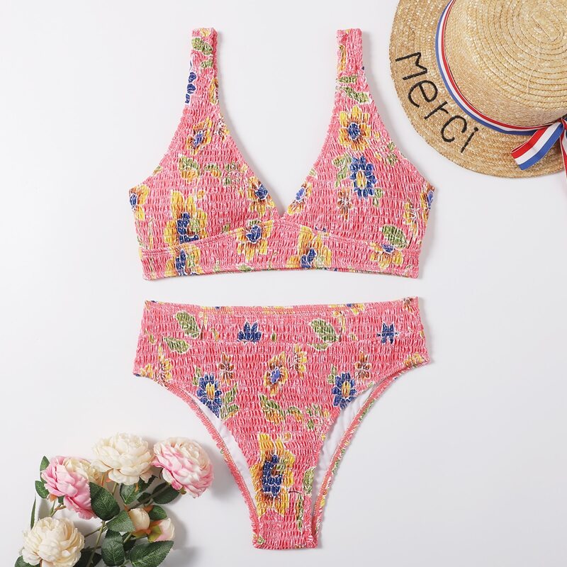 

Floral Smocked Bikini Swimsuit, Multicolor
