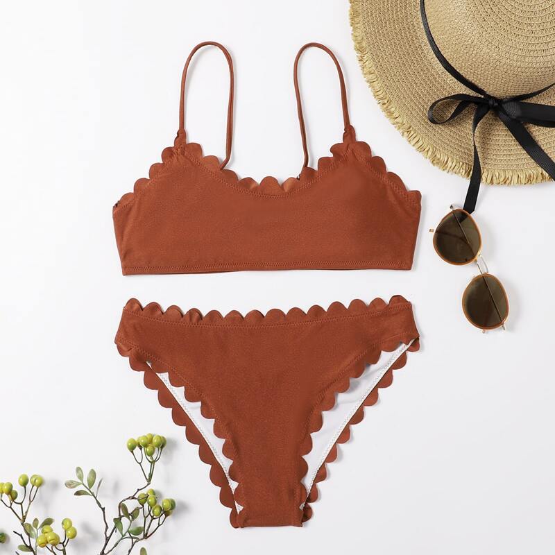 

Scallop Trim Bikini Swimsuit, Rust brown