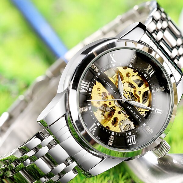

Men Rhinestone Decor Skeleton Dial Mechanical Watch