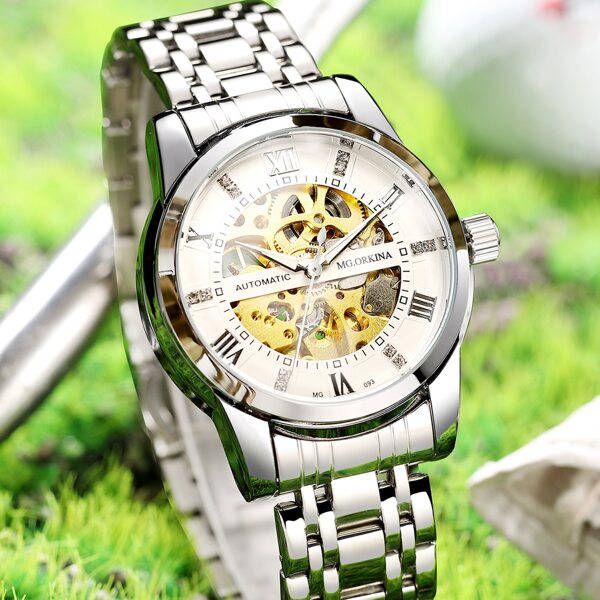 

Men Rhinestone Decor Skeleton Dial Mechanical Watch