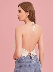 ROMWE Top de punto unicolor con abertura halter - Albaricoque - Ver 2