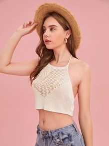 ROMWE Top de punto unicolor con abertura halter - Albaricoque - Ver 3