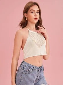 ROMWE Top de punto unicolor con abertura halter - Albaricoque - Ver 5