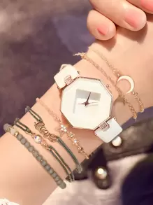 1 Stück Polygon Zeiger-Quarzuhr & 6 Stücke Armband - Roségold - Übersicht 1