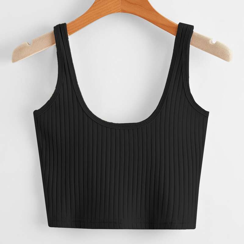 

Solid Ribbed Crop Tank Top, Black