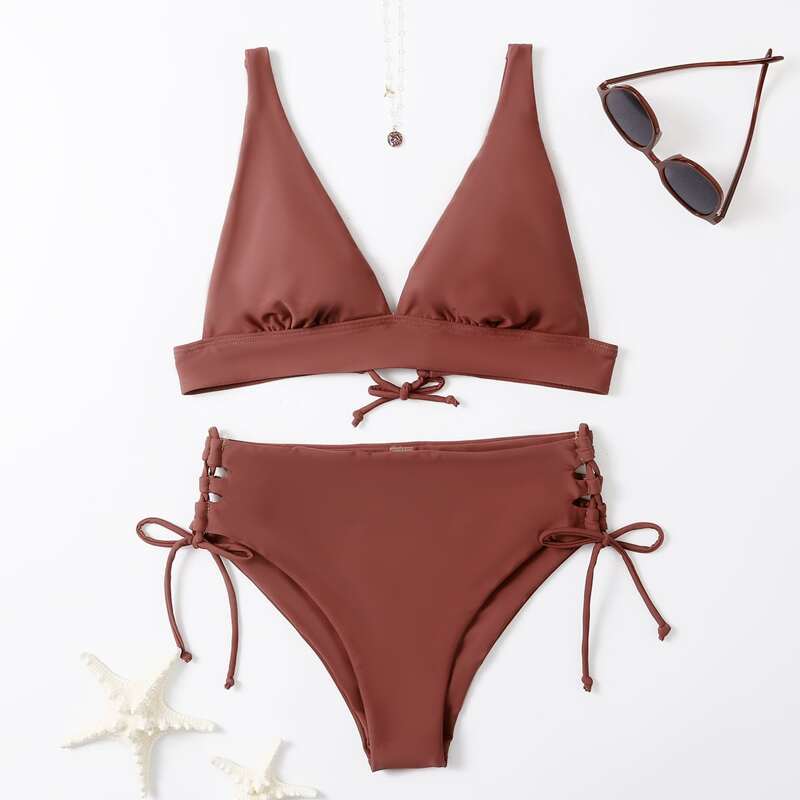 

Solid Lace-up Decor Bikini Swimsuit, Brown