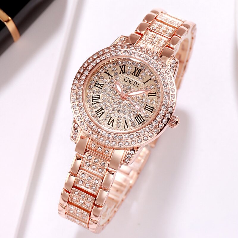 

Rhinestone Decor Round Pointer Quartz Watch