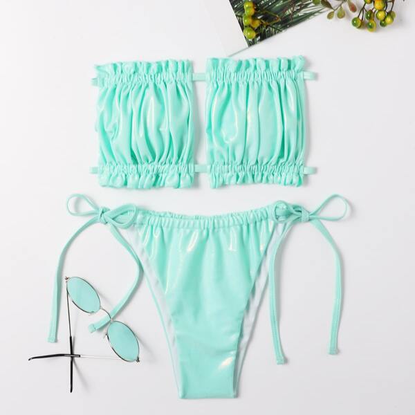 

Frill Trim Bandeau Tie Side Bikini Swimsuit, Mint green