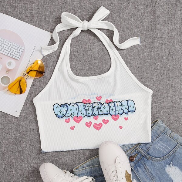 

Heart Print Crop Halter Top, White