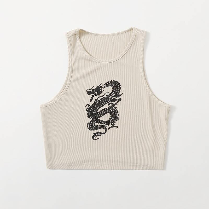 

Chinese Dragon Graphic Ribbed Tank Top, Beige