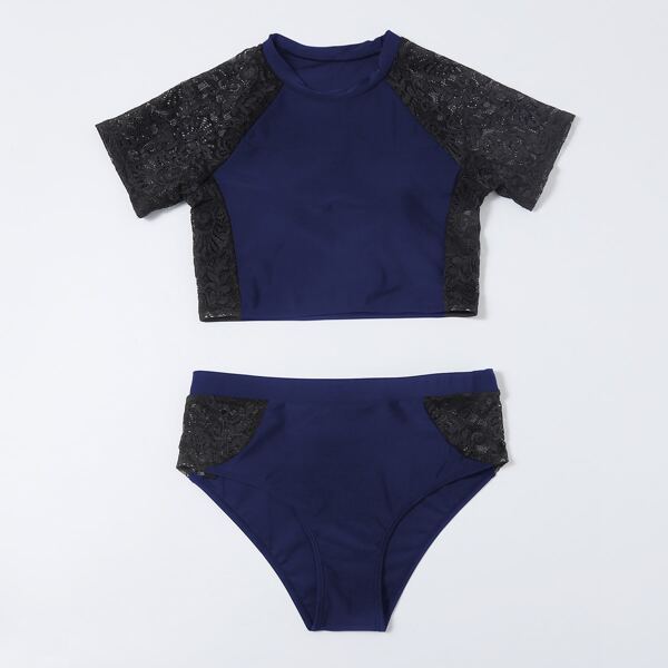 

Contrast Lace High Waisted Bikini Swimsuit, Navy blue
