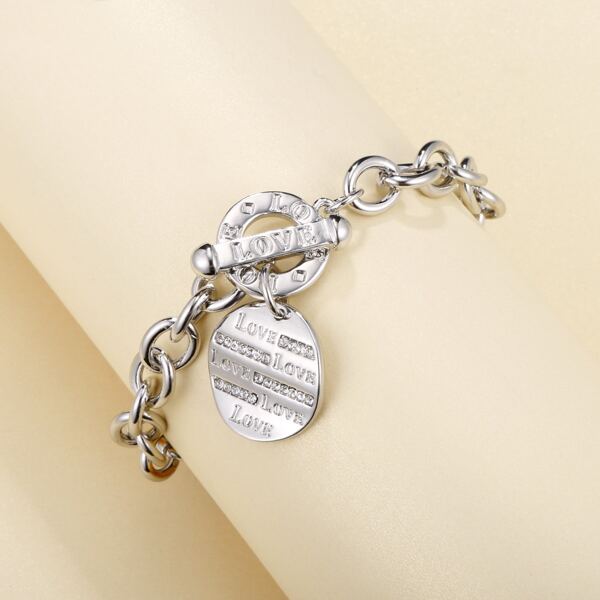 

Letter Engraved Round Decor Bracelet, Silver