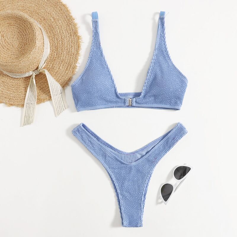 

Shirred High Leg Bikini Swimsuit, Blue