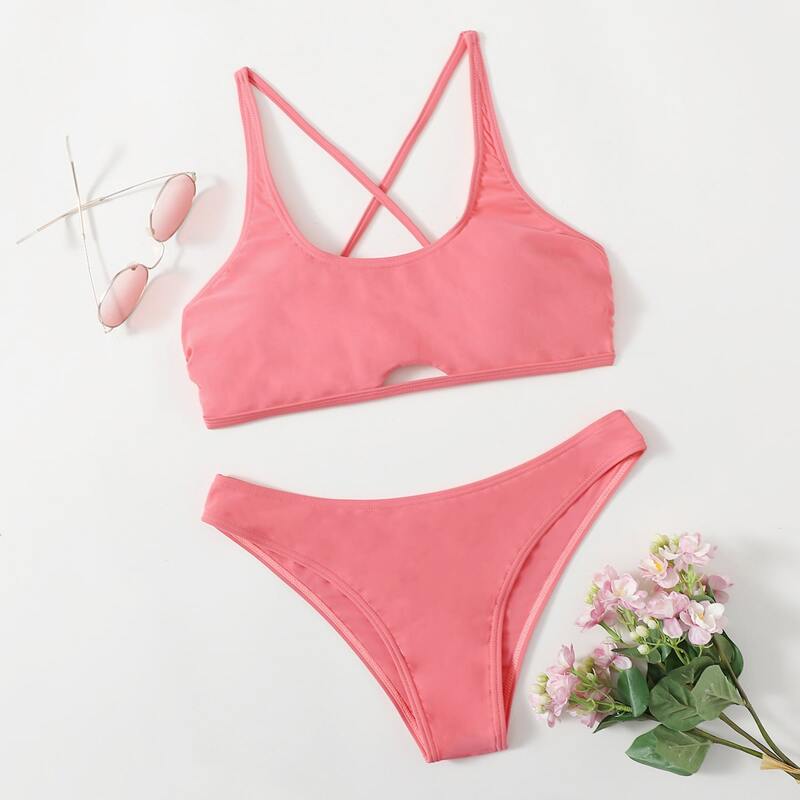 

Plain Lace-up Back Bikini Swimsuit, Pink
