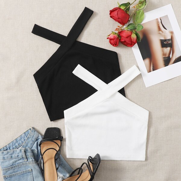 

2 Pack Crisscross Crop Halter Top, Black and white