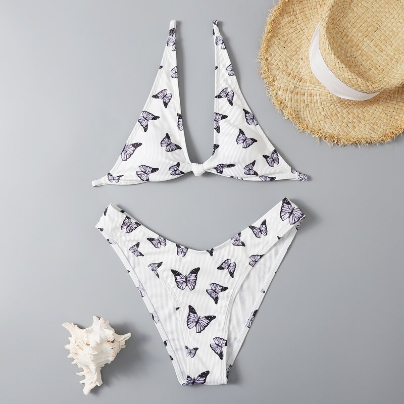 

Butterfly Print High Leg Bikini Swimsuit, Multicolor