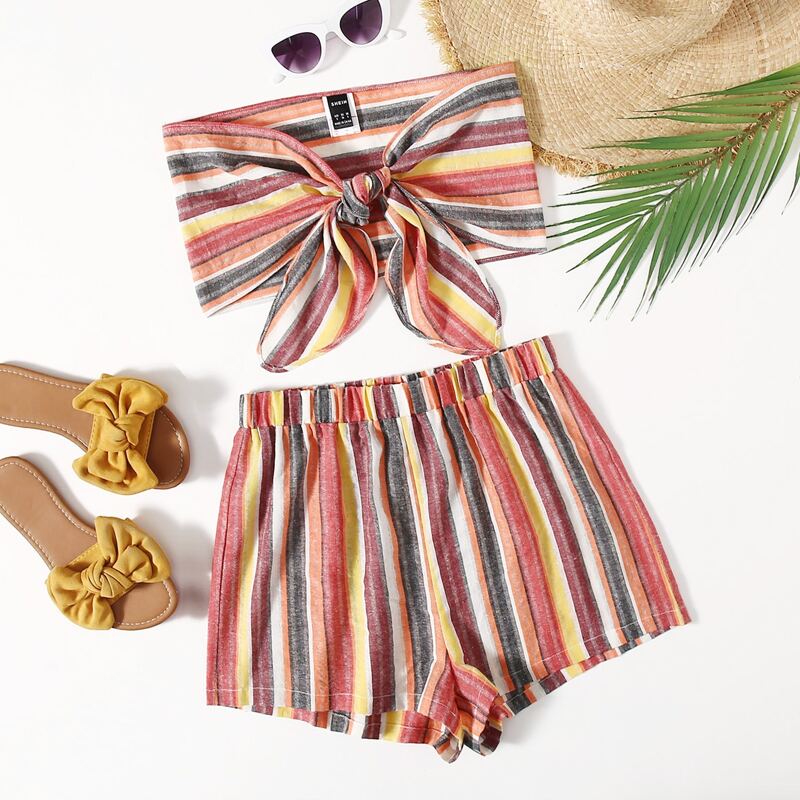 

Striped Colorblock Tie Front Crop Tube Top & Shorts Set, Multicolor