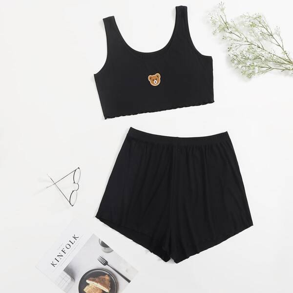 

Plus Cartoon Bear Patched PJ Set, Black
