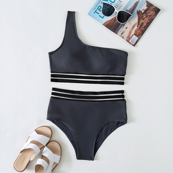

Contrast Mesh One Shoulder Bikini Swimsuit, Dark grey