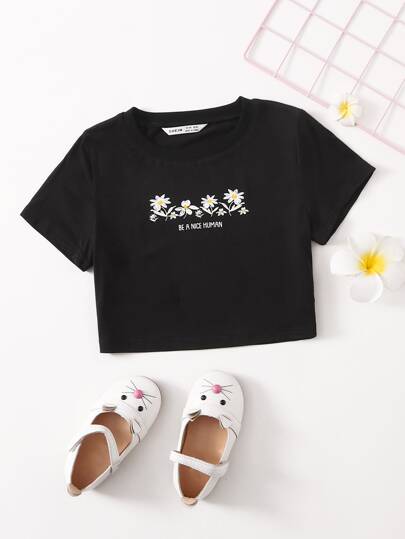 SHEIN Girls Slogan & Floral Print Tee