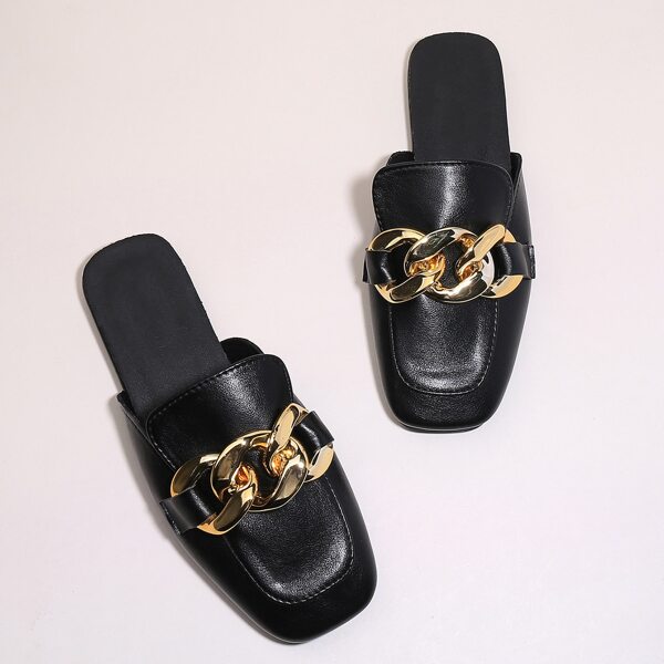 

Chain Decor Flat Mules, Black