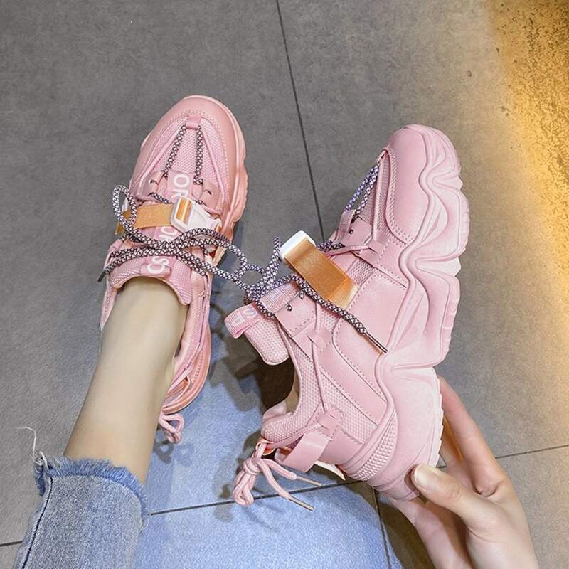 

Release Buckle Lace-up Chunky Sneakers, Baby pink