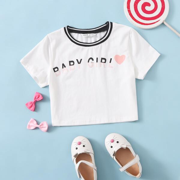 

Girls Letter & Heart Print Tee, White