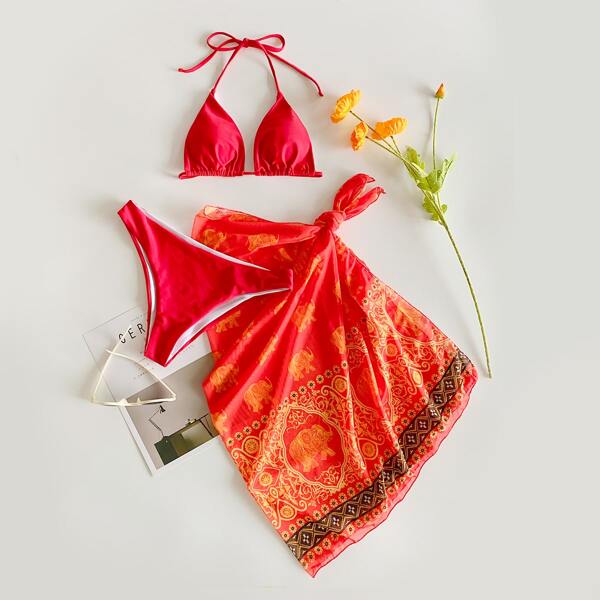 

3pack Triangle Bikini Swimsuit With Beach Skirt, Red