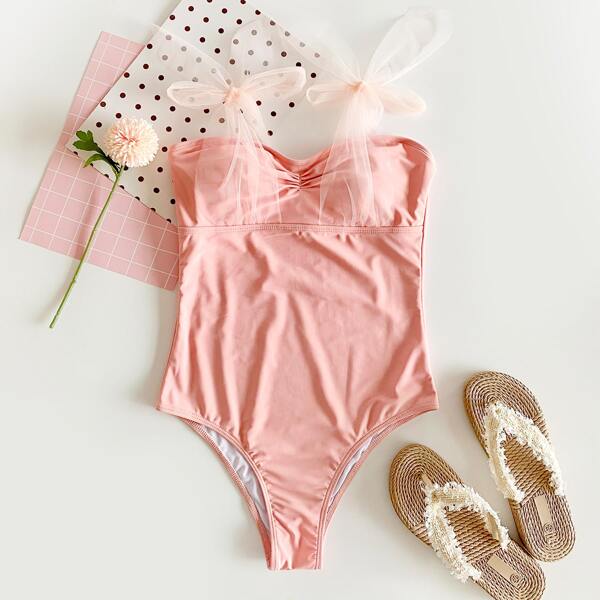 

Ruched Contrast Mesh Tie Shoulder One Piece Swimsuit, Pink
