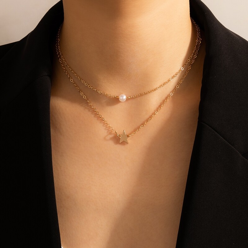 

Faux Pearl & Star Layered Necklace, Gold
