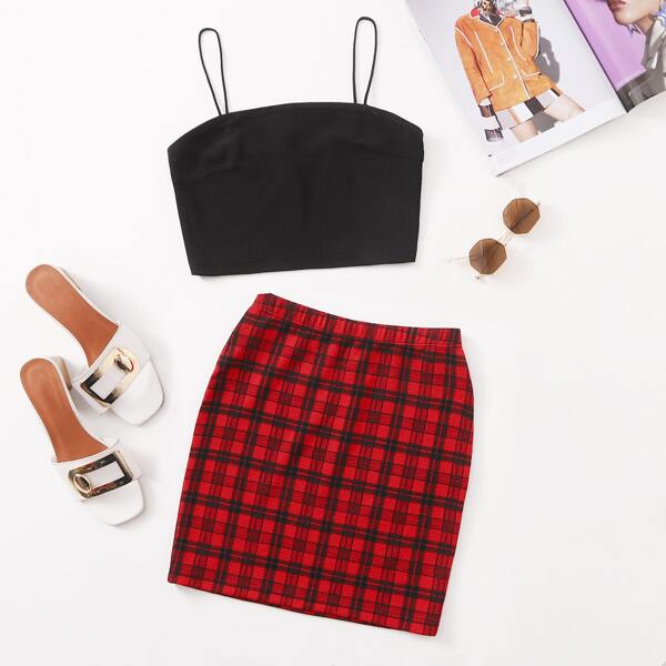 

Crop Cami Top and Plaid Skirt Set, Multicolor