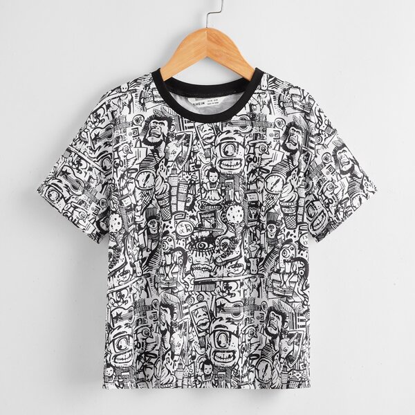 

Boys Contrast Neck Allover Print Top, Black and white