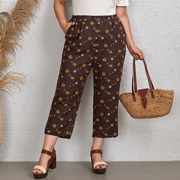 

Plus Floral Print Wide Leg Capris Pants, Chocolate brown