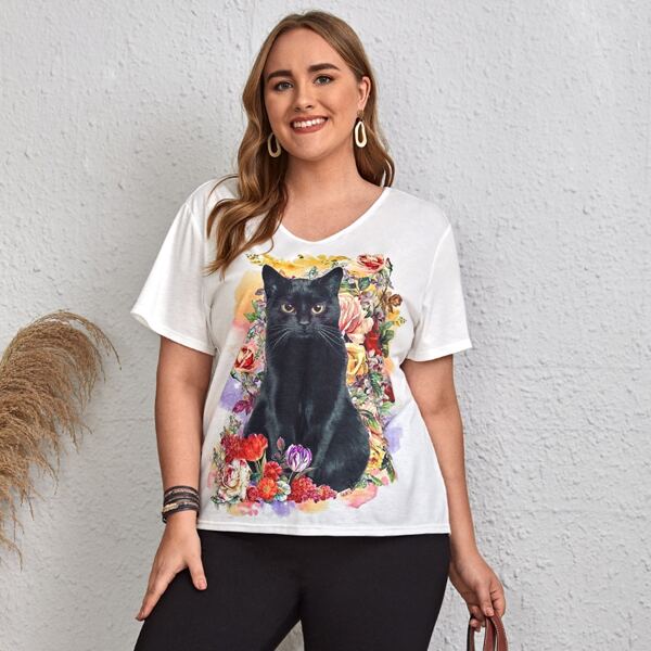 

Plus Cat And Floral Print Tee, White