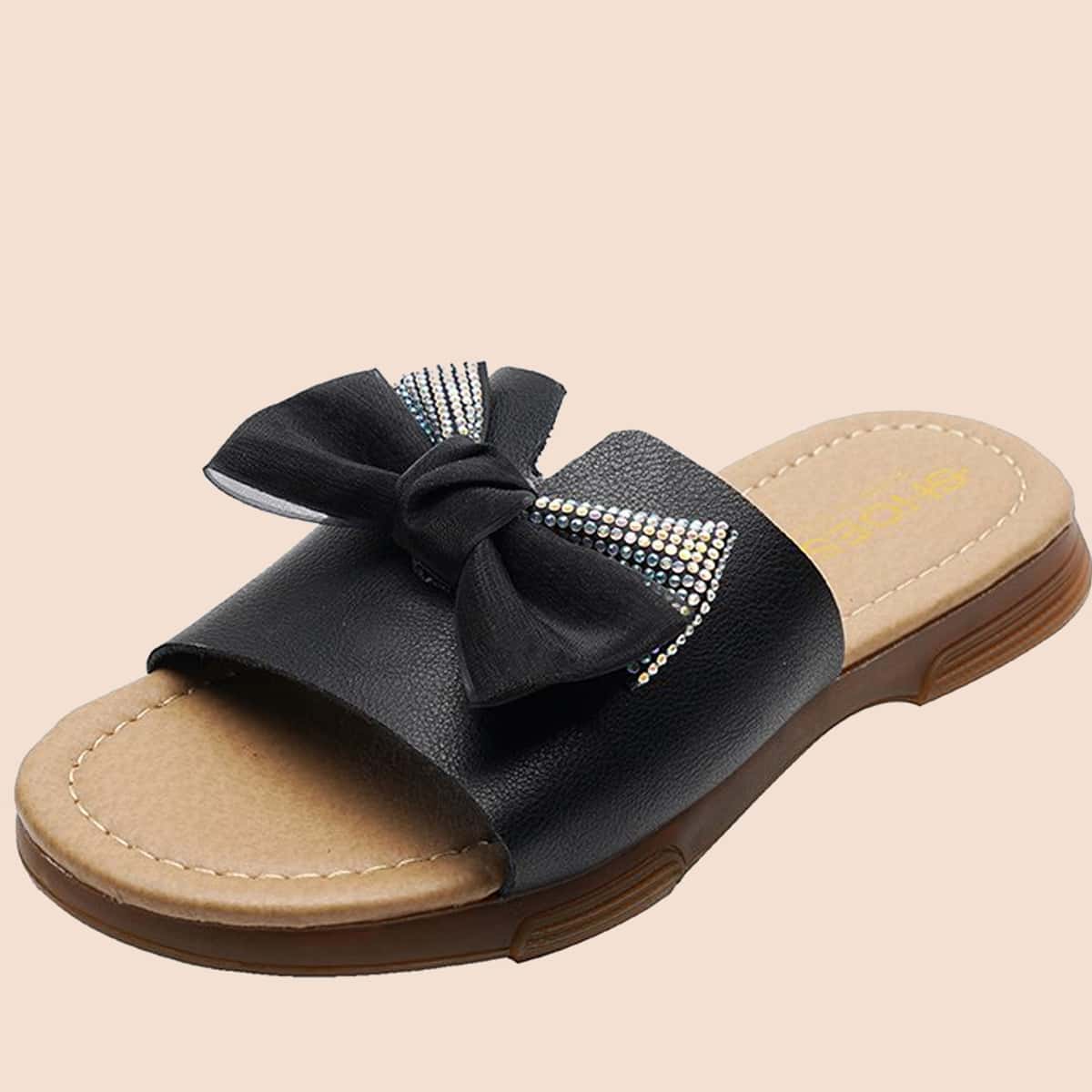 

Rhinestone Bow Slide Sandals, Black