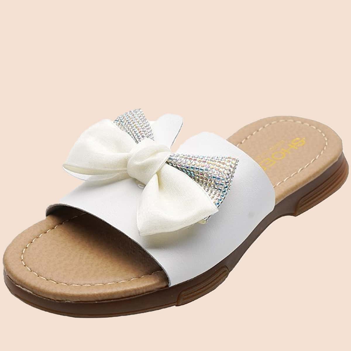 

Rhinestone Bow Slide Sandals, White