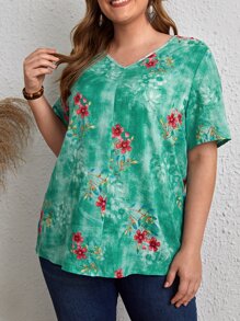 EMERY ROSE Plus Tie Dye Flower Print Blouse - Green - View 1
