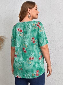 EMERY ROSE Plus Tie Dye Flower Print Blouse - Green - View 2