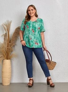 EMERY ROSE Plus Tie Dye Flower Print Blouse - Green - View 3