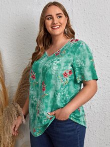 EMERY ROSE Plus Tie Dye Flower Print Blouse - Green - View 4