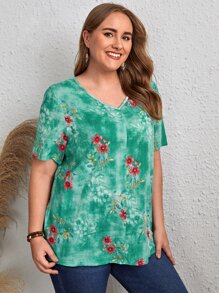 EMERY ROSE Plus Tie Dye Flower Print Blouse - Green - View 5