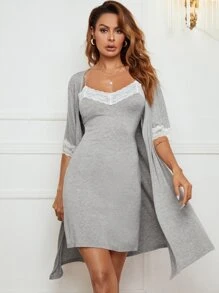 Moireta 2 Paquetes de Conjunto de Pijama con Bata de Encaje