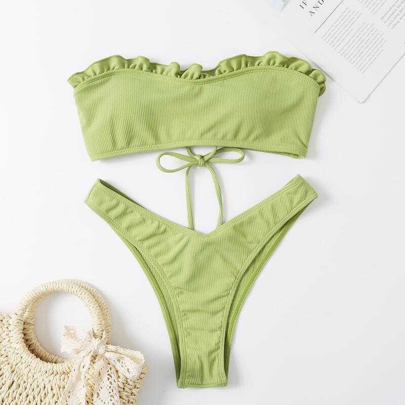 

Frill Trim Lace-up Bikini Swimsuit, Green