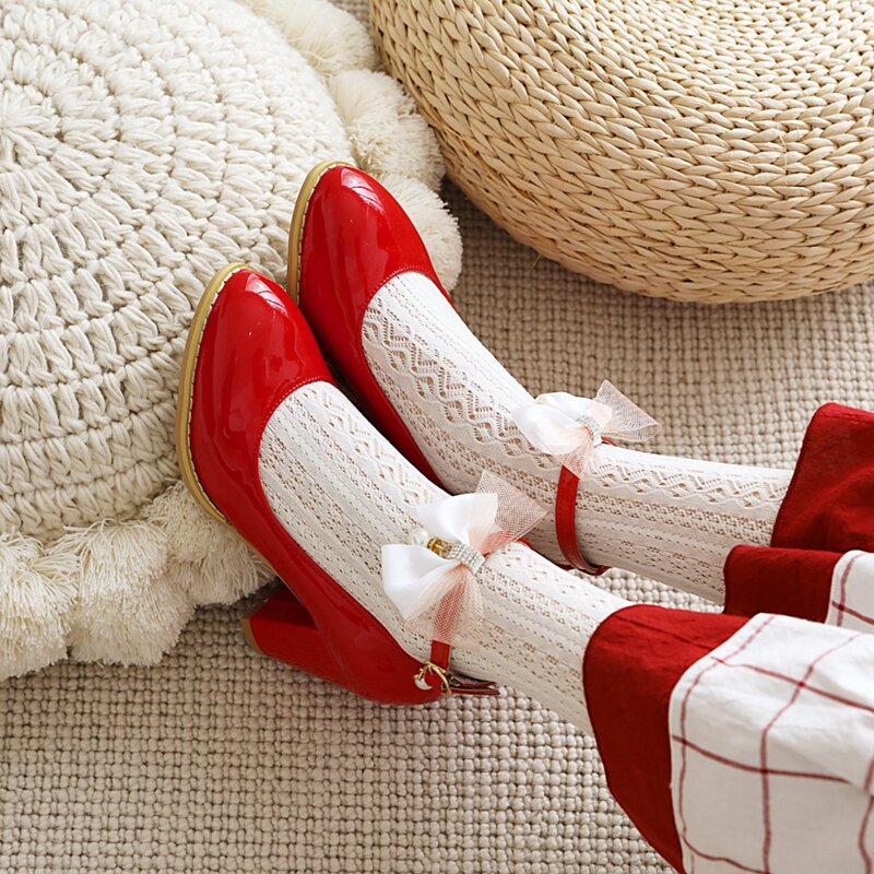 

Bow Decor Ankle Strap Pumps, Red