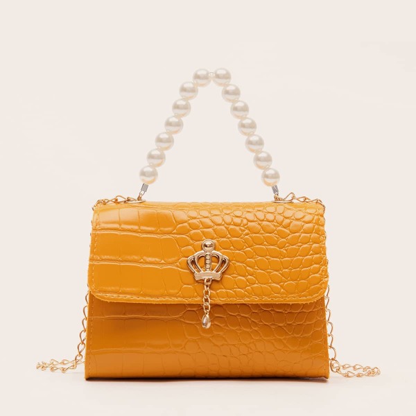 

Faux Pearl Handle Croc Embossed Satchel Bag, Yellow