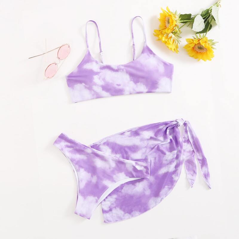 

3pack Tie Dye Bikini Swimsuit & Beach Skirt, Mauve purple