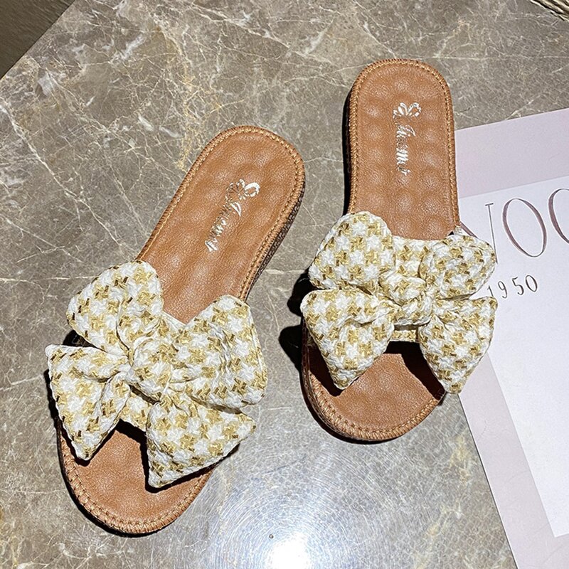 

Houndstooth Bow Slide Sandals, Beige